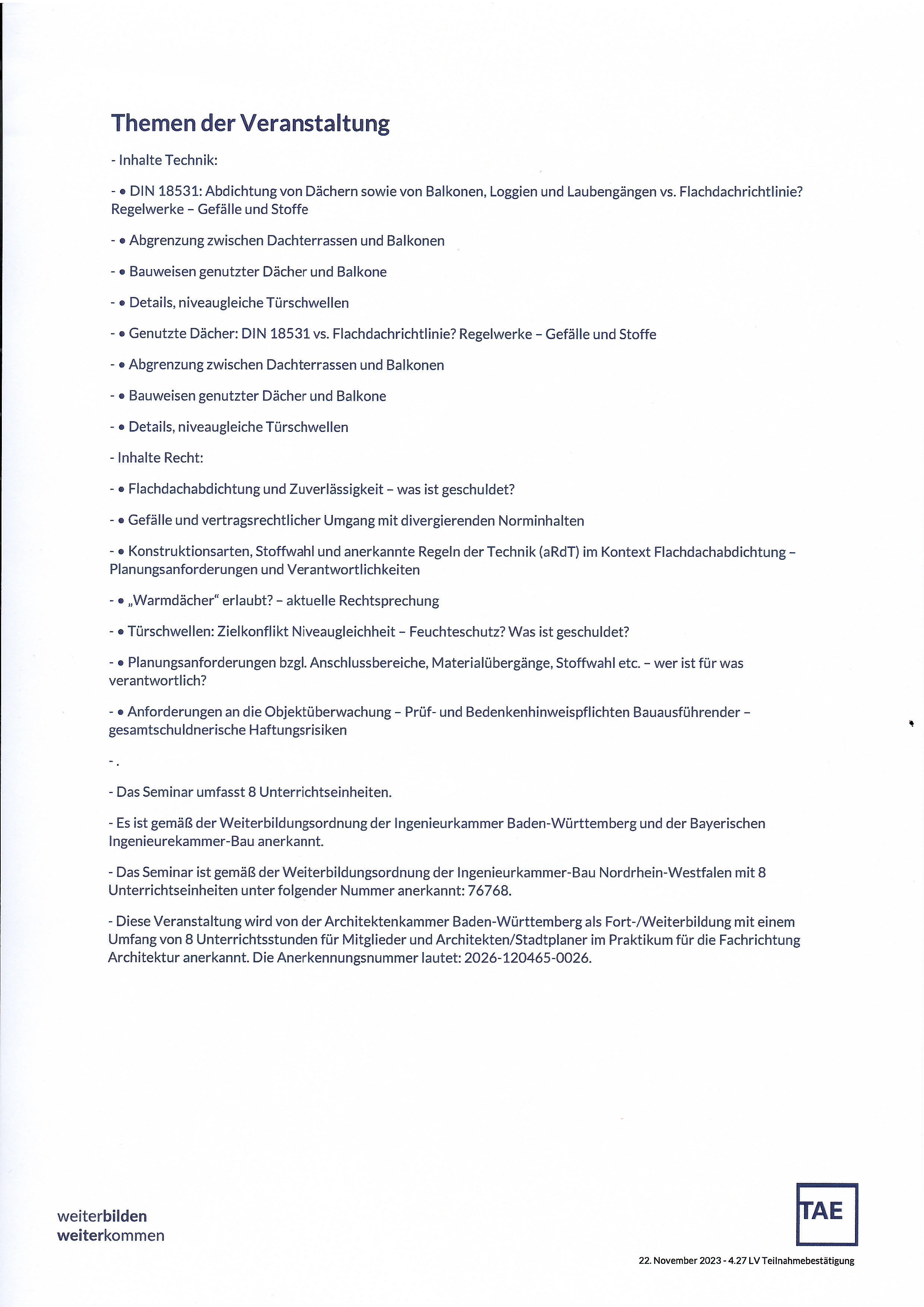 Teilnahmebestaetigung Seminar Abdichtung von Flachdachern 2